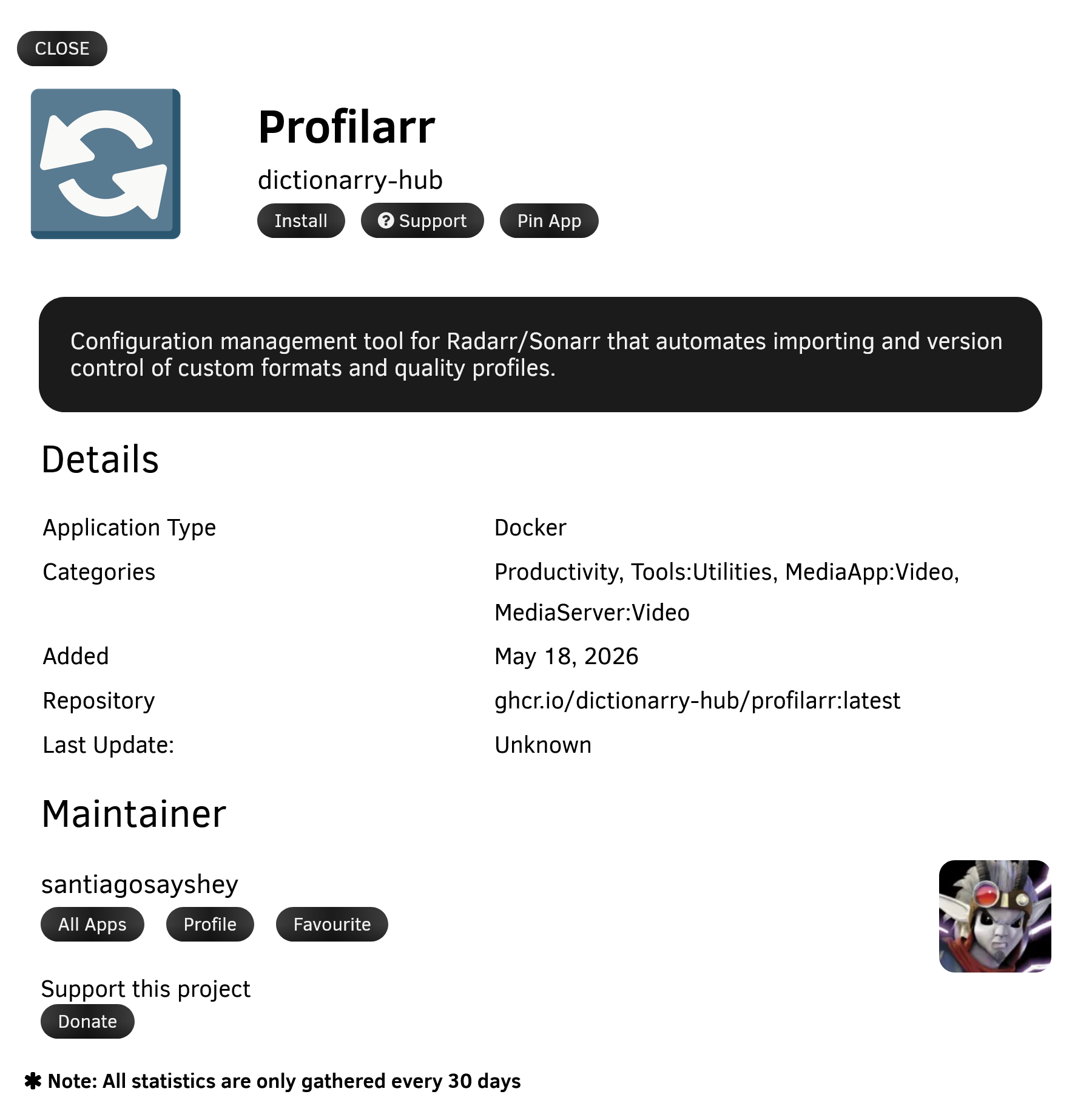 The Profilarr template in Community Applications, with the ghcr.io/dictionarry-hub/profilarr:latest repository